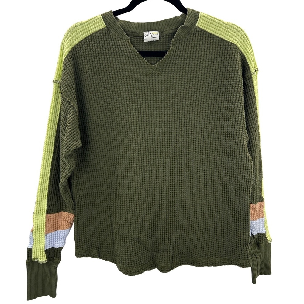 OFFLINE by Aerie Waffle Knit V-Neck Shirt Top Green Colorblock Small Thumbholes